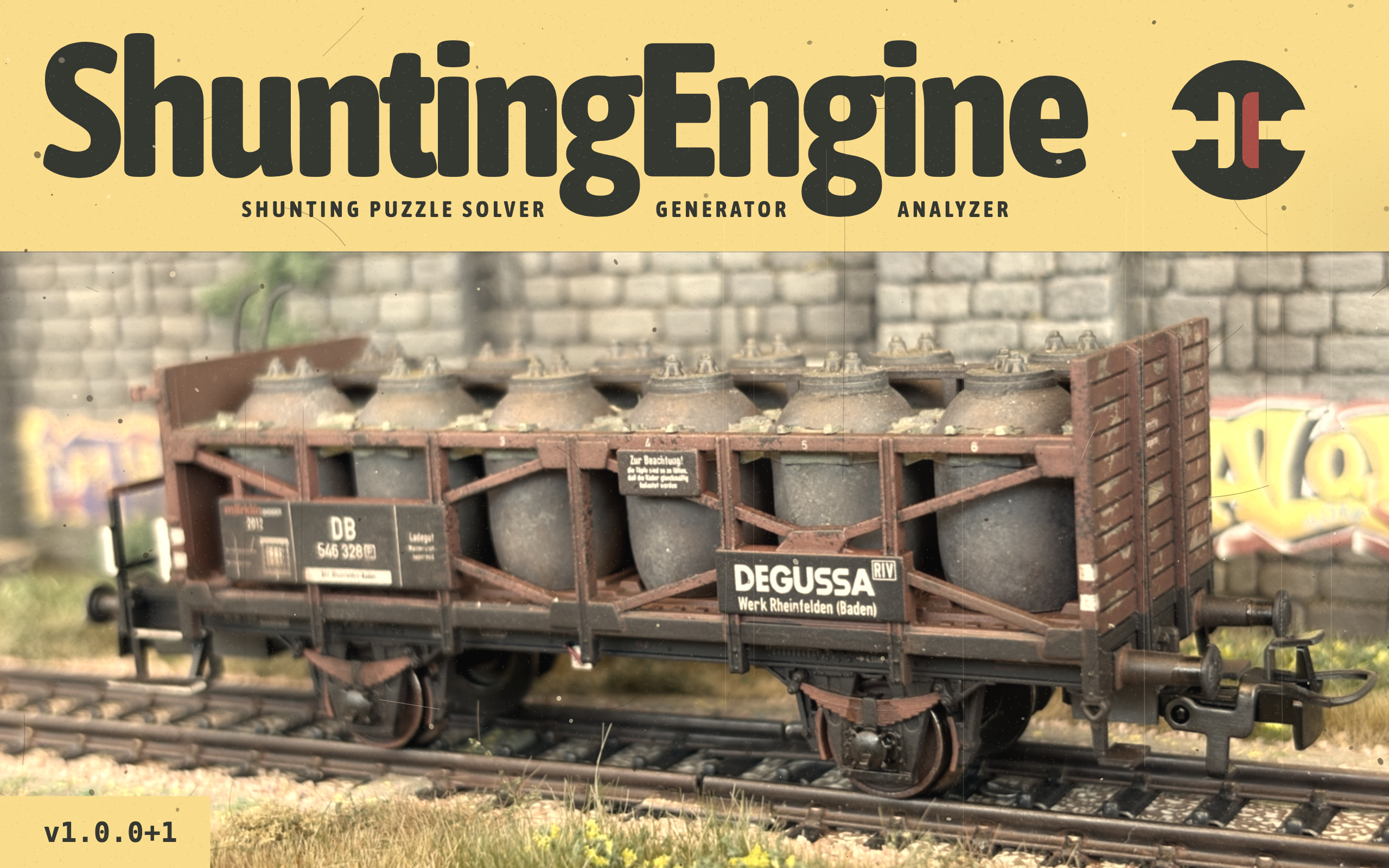 Originaler ShuntingEngine-Loading-Screen mit gelbem Titelband, Pufferemblem und einem Modellbahn-Säuretopfwagen.